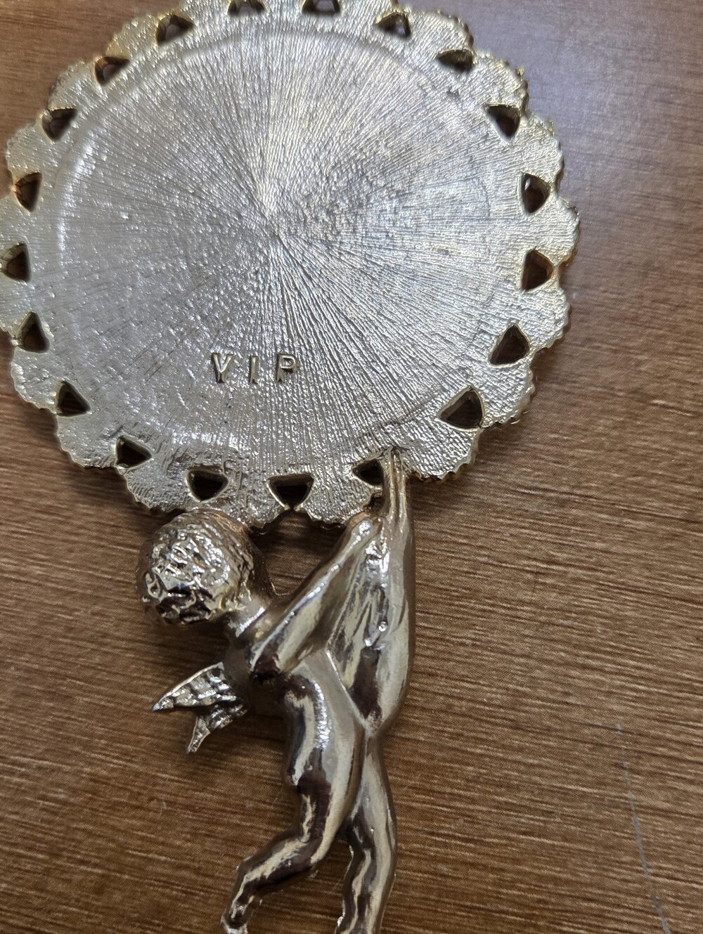 Vintage Ornate Gold Tone Vanity Cherub Cupid Handle Mirror Marked VIP - Picture 4 of 6